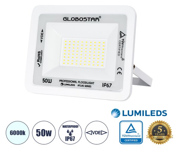 GloboStar® ATLAS 61419 Επαγγελματικός Προβολέας LED 50W 6250lm 120° AC 220-240V - Αδιάβροχος IP67 - Μ21 x Π3.5 x Υ16cm - Λευκό - Ψυχρό Λευκό 6000K - LUMILEDS Chips - TÜV Rheinland Certified - 5 Years Warranty