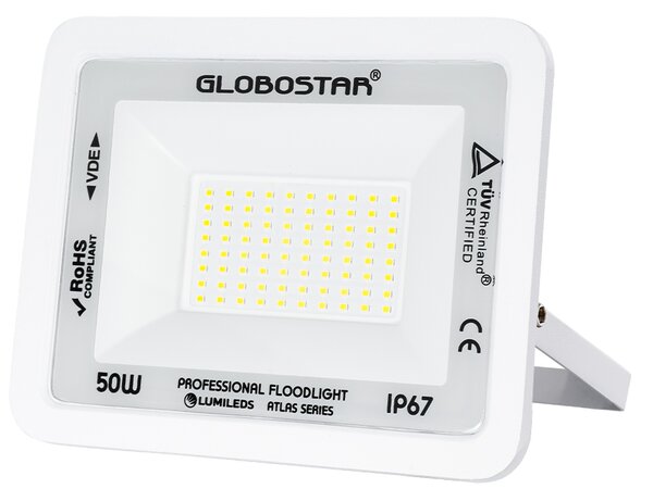 GloboStar® ATLAS 61419 Επαγγελματικός Προβολέας LED 50W 6250lm 120° AC 220-240V - Αδιάβροχος IP67 - Μ21 x Π3.5 x Υ16cm - Λευκό - Ψυχρό Λευκό 6000K - LUMILEDS Chips - TÜV Rheinland Certified - 5 Years Warranty