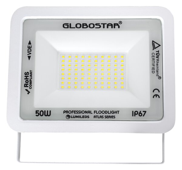 GloboStar® ATLAS 61419 Επαγγελματικός Προβολέας LED 50W 6250lm 120° AC 220-240V - Αδιάβροχος IP67 - Μ21 x Π3.5 x Υ16cm - Λευκό - Ψυχρό Λευκό 6000K - LUMILEDS Chips - TÜV Rheinland Certified - 5 Years Warranty