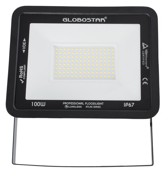 GloboStar® ATLAS 61426 Επαγγελματικός Προβολέας LED 100W 12000lm 120° AC 220-240V - Αδιάβροχος IP67 - Μ27 x Π4 x Υ21cm - Μαύρο - Φυσικό Λευκό 4500K - LUMILEDS Chips - TÜV Rheinland Certified - 5 Years Warranty