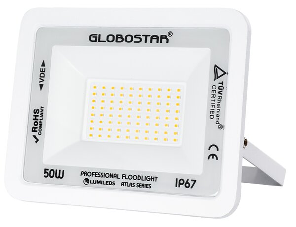 GloboStar® ATLAS 61421 Επαγγελματικός Προβολέας LED 50W 5750lm 120° AC 220-240V - Αδιάβροχος IP67 - Μ21 x Π3.5 x Υ16cm - Λευκό - Θερμό Λευκό 2700K - LUMILEDS Chips - TÜV Rheinland Certified - 5 Years Warranty