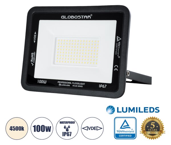 GloboStar® ATLAS 61426 Επαγγελματικός Προβολέας LED 100W 12000lm 120° AC 220-240V - Αδιάβροχος IP67 - Μ27 x Π4 x Υ21cm - Μαύρο - Φυσικό Λευκό 4500K - LUMILEDS Chips - TÜV Rheinland Certified - 5 Years Warranty