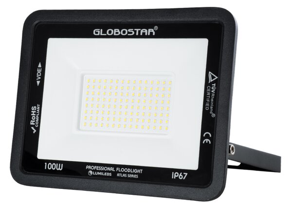 GloboStar® ATLAS 61426 Επαγγελματικός Προβολέας LED 100W 12000lm 120° AC 220-240V - Αδιάβροχος IP67 - Μ27 x Π4 x Υ21cm - Μαύρο - Φυσικό Λευκό 4500K - LUMILEDS Chips - TÜV Rheinland Certified - 5 Years Warranty