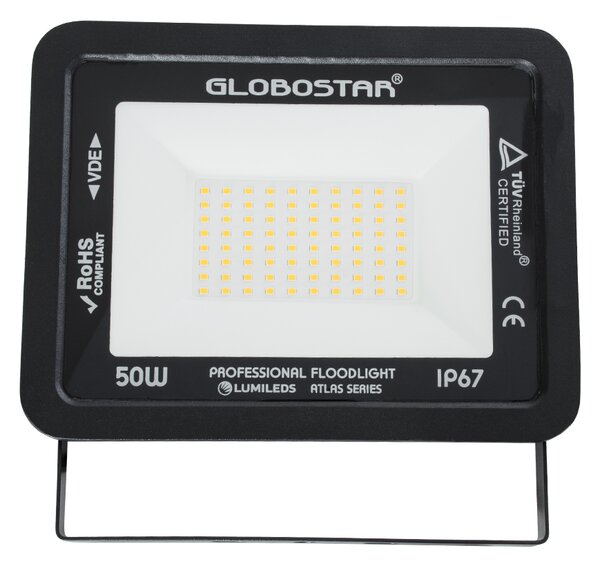 GloboStar® ATLAS 61424 Επαγγελματικός Προβολέας LED 50W 5750lm 120° AC 220-240V - Αδιάβροχος IP67 - Μ21 x Π3.5 x Υ16cm - Μαύρο - Θερμό Λευκό 2700K - LUMILEDS Chips - TÜV Rheinland Certified - 5 Years Warranty