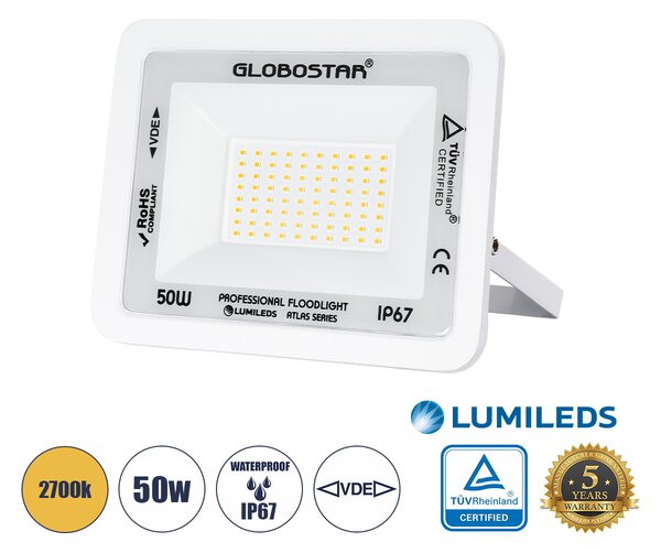 GloboStar® ATLAS 61421 Επαγγελματικός Προβολέας LED 50W 5750lm 120° AC 220-240V - Αδιάβροχος IP67 - Μ21 x Π3.5 x Υ16cm - Λευκό - Θερμό Λευκό 2700K - LUMILEDS Chips - TÜV Rheinland Certified - 5 Years Warranty