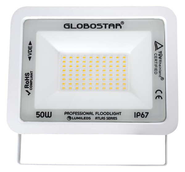 GloboStar® ATLAS 61421 Επαγγελματικός Προβολέας LED 50W 5750lm 120° AC 220-240V - Αδιάβροχος IP67 - Μ21 x Π3.5 x Υ16cm - Λευκό - Θερμό Λευκό 2700K - LUMILEDS Chips - TÜV Rheinland Certified - 5 Years Warranty