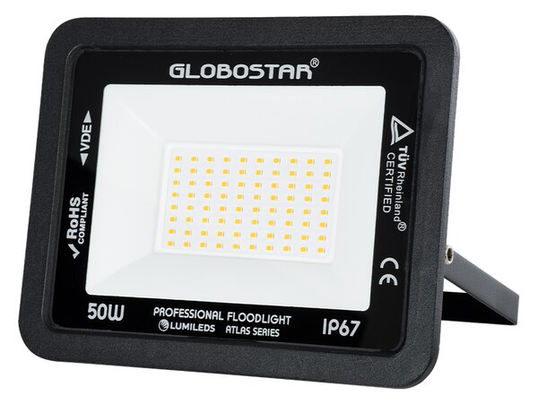 GloboStar® ATLAS 61424 Επαγγελματικός Προβολέας LED 50W 5750lm 120° AC 220-240V - Αδιάβροχος IP67 - Μ21 x Π3.5 x Υ16cm - Μαύρο - Θερμό Λευκό 2700K - LUMILEDS Chips - TÜV Rheinland Certified - 5 Years Warranty