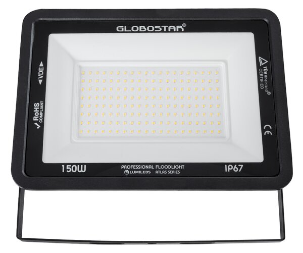 GloboStar® ATLAS 61430 Επαγγελματικός Προβολέας LED 150W 17250lm 120° AC 220-240V - Αδιάβροχος IP67 - Μ32 x Π4 x Υ23cm - Μαύρο - Θερμό Λευκό 2700K - LUMILEDS Chips - TÜV Rheinland Certified - 5 Years Warranty