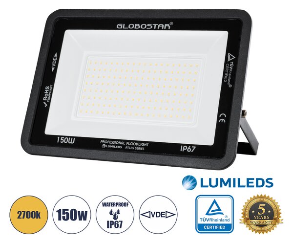 GloboStar® ATLAS 61430 Επαγγελματικός Προβολέας LED 150W 17250lm 120° AC 220-240V - Αδιάβροχος IP67 - Μ32 x Π4 x Υ23cm - Μαύρο - Θερμό Λευκό 2700K - LUMILEDS Chips - TÜV Rheinland Certified - 5 Years Warranty