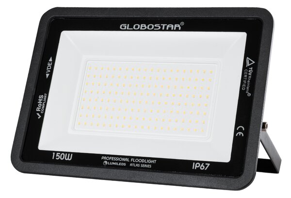 GloboStar® ATLAS 61430 Επαγγελματικός Προβολέας LED 150W 17250lm 120° AC 220-240V - Αδιάβροχος IP67 - Μ32 x Π4 x Υ23cm - Μαύρο - Θερμό Λευκό 2700K - LUMILEDS Chips - TÜV Rheinland Certified - 5 Years Warranty