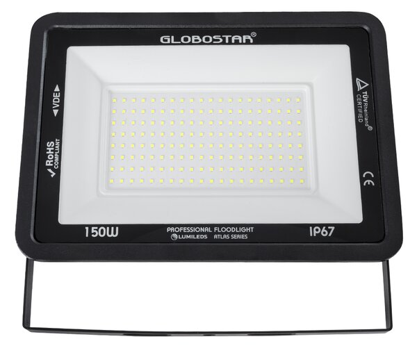 GloboStar® ATLAS 61428 Επαγγελματικός Προβολέας LED 150W 18750lm 120° AC 220-240V - Αδιάβροχος IP67 - Μ32 x Π4 x Υ23cm - Μαύρο - Ψυχρό Λευκό 6000K - LUMILEDS Chips - TÜV Rheinland Certified - 5 Years Warranty