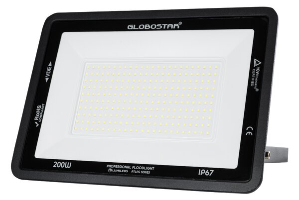 GloboStar® ATLAS 61431 Επαγγελματικός Προβολέας LED 200W 25000lm 120° AC 220-240V - Αδιάβροχος IP67 - Μ38 x Π4 x Υ28cm - Μαύρο - Ψυχρό Λευκό 6000K - LUMILEDS Chips - TÜV Rheinland Certified - 5 Years Warranty