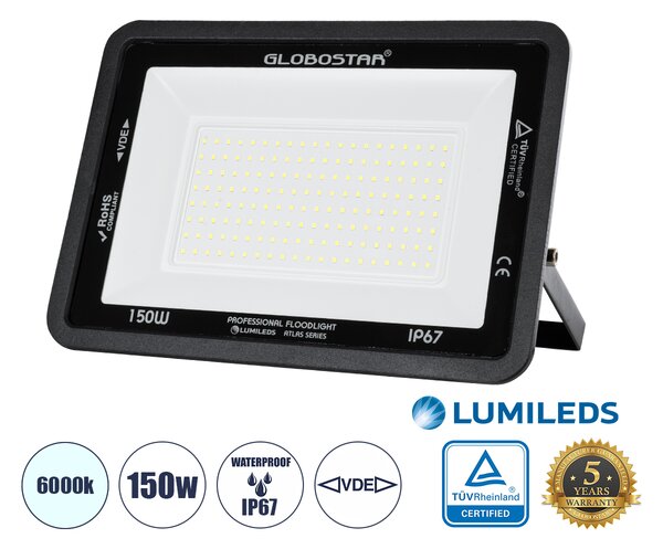 GloboStar® ATLAS 61428 Επαγγελματικός Προβολέας LED 150W 18750lm 120° AC 220-240V - Αδιάβροχος IP67 - Μ32 x Π4 x Υ23cm - Μαύρο - Ψυχρό Λευκό 6000K - LUMILEDS Chips - TÜV Rheinland Certified - 5 Years Warranty