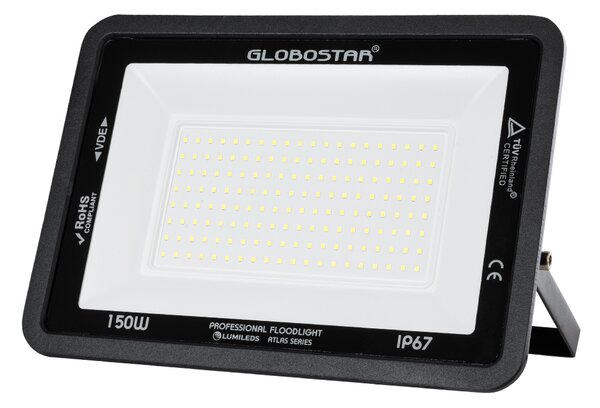 GloboStar® ATLAS 61428 Επαγγελματικός Προβολέας LED 150W 18750lm 120° AC 220-240V - Αδιάβροχος IP67 - Μ32 x Π4 x Υ23cm - Μαύρο - Ψυχρό Λευκό 6000K - LUMILEDS Chips - TÜV Rheinland Certified - 5 Years Warranty