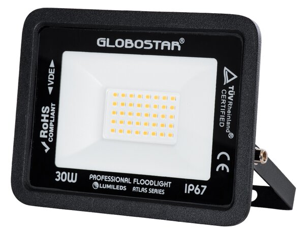 GloboStar® ATLAS 61418 Επαγγελματικός Προβολέας LED 30W 3450lm 120° AC 220-240V - Αδιάβροχος IP67 - Μ16 x Π2.5 x Υ12.5cm - Μαύρο - Θερμό Λευκό 2700K - LUMILEDS Chips - TÜV Rheinland Certified - 5 Years Warranty