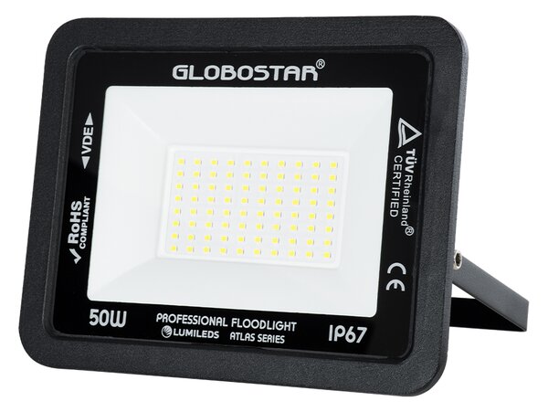 GloboStar® ATLAS 61422 Επαγγελματικός Προβολέας LED 50W 6250lm 120° AC 220-240V - Αδιάβροχος IP67 - Μ21 x Π3.5 x Υ16cm - Μαύρο - Ψυχρό Λευκό 6000K - LUMILEDS Chips - TÜV Rheinland Certified - 5 Years Warranty