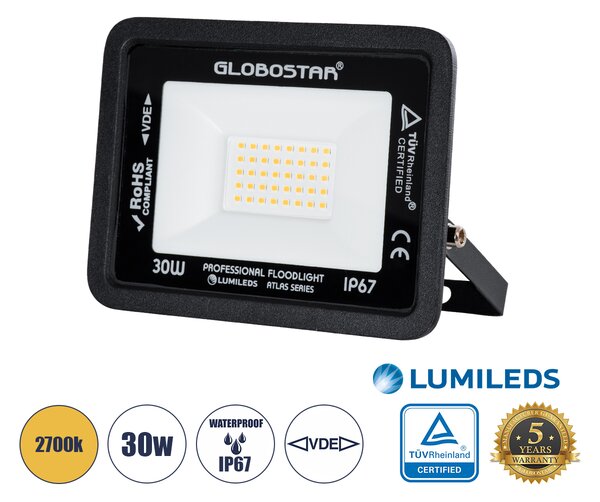 GloboStar® ATLAS 61418 Επαγγελματικός Προβολέας LED 30W 3450lm 120° AC 220-240V - Αδιάβροχος IP67 - Μ16 x Π2.5 x Υ12.5cm - Μαύρο - Θερμό Λευκό 2700K - LUMILEDS Chips - TÜV Rheinland Certified - 5 Years Warranty