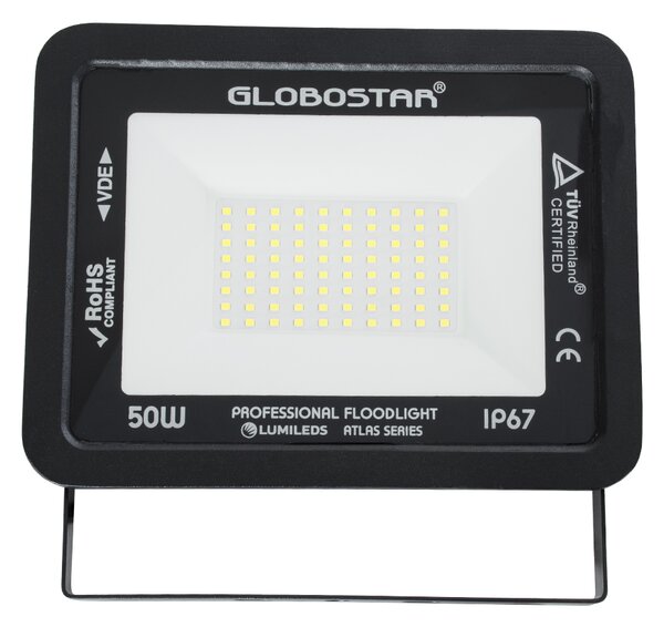 GloboStar® ATLAS 61422 Επαγγελματικός Προβολέας LED 50W 6250lm 120° AC 220-240V - Αδιάβροχος IP67 - Μ21 x Π3.5 x Υ16cm - Μαύρο - Ψυχρό Λευκό 6000K - LUMILEDS Chips - TÜV Rheinland Certified - 5 Years Warranty