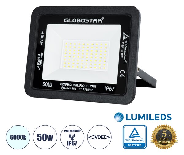 GloboStar® ATLAS 61422 Επαγγελματικός Προβολέας LED 50W 6250lm 120° AC 220-240V - Αδιάβροχος IP67 - Μ21 x Π3.5 x Υ16cm - Μαύρο - Ψυχρό Λευκό 6000K - LUMILEDS Chips - TÜV Rheinland Certified - 5 Years Warranty