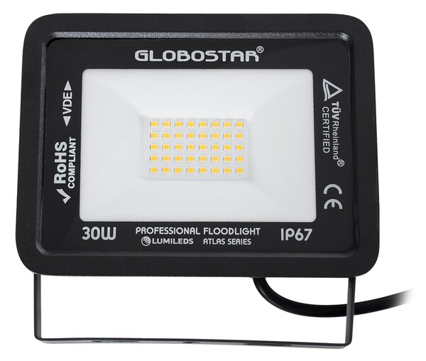 GloboStar® ATLAS 61418 Επαγγελματικός Προβολέας LED 30W 3450lm 120° AC 220-240V - Αδιάβροχος IP67 - Μ16 x Π2.5 x Υ12.5cm - Μαύρο - Θερμό Λευκό 2700K - LUMILEDS Chips - TÜV Rheinland Certified - 5 Years Warranty