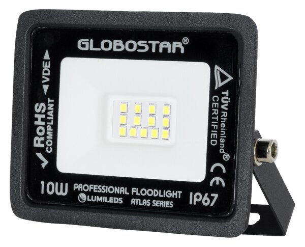 GloboStar® ATLAS 61515 Επαγγελματικός Προβολέας LED 10W 1250lm 120° AC 220-240V - Αδιάβροχος IP67 - Μ10 x Π2 x Υ8cm - Μαύρο - Ψυχρό Λευκό 6000K - LUMILEDS Chips - TÜV Rheinland Certified - 5 Χρόνια Εγγύηση