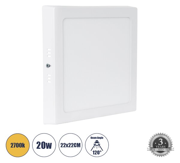 GloboStar® 60205 Εξωτερικό LED Panel 22x22cm 20W 2060lm 120° AC 220-240V IP20 Μ22 x Π22 x Υ3cm Θερμό Λευκό 2700K - 3 Χρόνια Εγγύηση