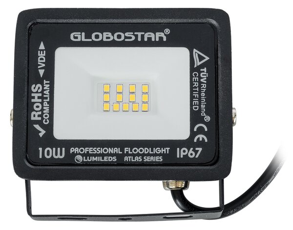 GloboStar® ATLAS 61517 Επαγγελματικός Προβολέας LED 10W 1150lm 120° AC 220-240V - Αδιάβροχος IP67 - Μ10 x Π2 x Υ8cm - Μαύρο - Θερμό Λευκό 2700K - LUMILEDS Chips - TÜV Rheinland Certified - 5 Χρόνια Εγγύηση