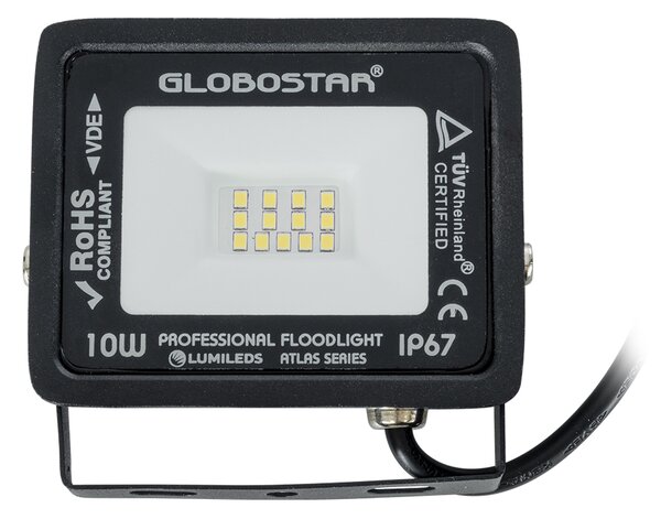 GloboStar® ATLAS 61515 Επαγγελματικός Προβολέας LED 10W 1250lm 120° AC 220-240V - Αδιάβροχος IP67 - Μ10 x Π2 x Υ8cm - Μαύρο - Ψυχρό Λευκό 6000K - LUMILEDS Chips - TÜV Rheinland Certified - 5 Χρόνια Εγγύηση