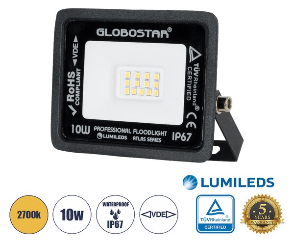 GloboStar® ATLAS 61517 Επαγγελματικός Προβολέας LED 10W 1150lm 120° AC 220-240V - Αδιάβροχος IP67 - Μ10 x Π2 x Υ8cm - Μαύρο - Θερμό Λευκό 2700K - LUMILEDS Chips - TÜV Rheinland Certified - 5 Χρόνια Εγγύηση