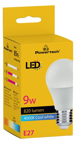 POWERTECH LED λάμπα E27-020, 9W, 4000K, E27, 820lm