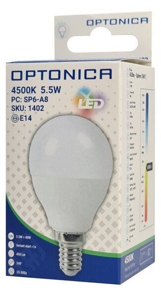 OPTONICA LED λάμπα G45 1402, 5.5W, 4500K, E14, 450lm