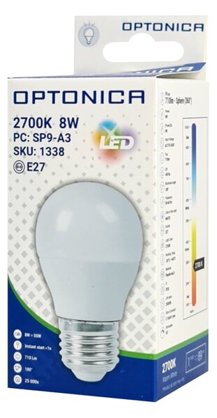 OPTONICA LED λάμπα G45 1338, 8W, 2700K, 710lm, E27