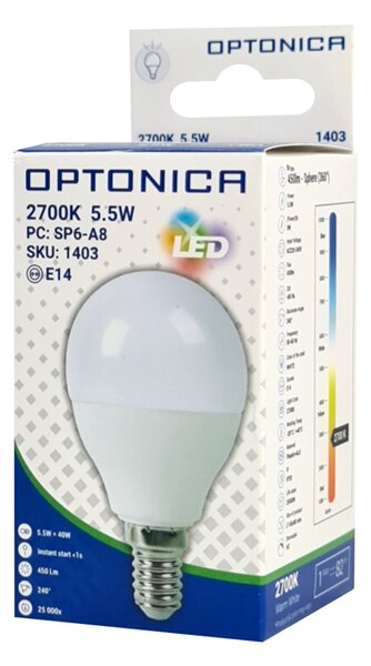 OPTONICA LED λάμπα G45 1403, 5.5W, 2700K, 450lm, E14