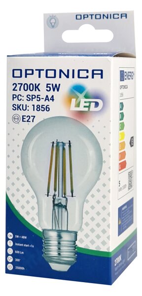 OPTONICA LED λάμπα A60 1856, Filament, 5W, 2700K, 600lm, E27