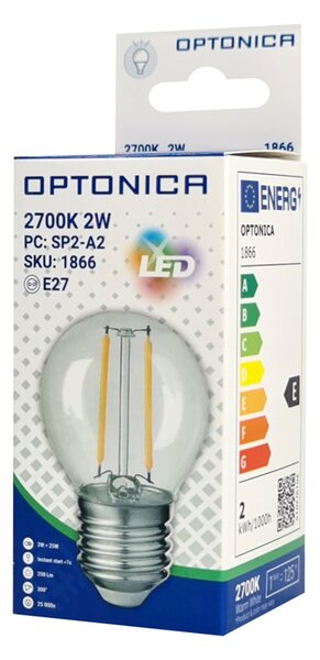 OPTONICA LED λάμπα G45 1866, Filament, 2W, 2700K, 200lm, E27