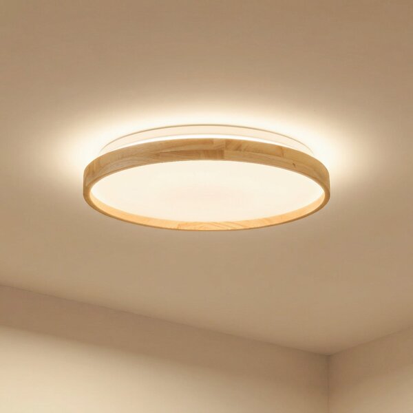 Lindby Smart LED φωτιστικό οροφής Mirren wood Ø39.5cm CCT Tuya, ρυθμιζόμενος, Ξύλου, Σαλόνι / τραπεζαρία, Πλαστικό, σύγχρονο