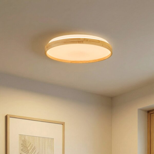 Lindby Smart LED φωτιστικό οροφής Mirren wood Ø39.5cm CCT Tuya, ρυθμιζόμενος, Ξύλου, Σαλόνι / τραπεζαρία, Πλαστικό, σύγχρονο