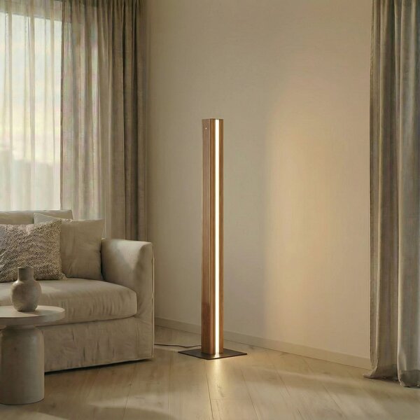 Lucande LED-Stehleuchte Lieske, μαύρο, δρυς, ρυθμιζόμενο, ρυθμιζόμενος, Ξύλου, Σαλόνι / τραπεζαρία, Ξύλο, σύγχρονο