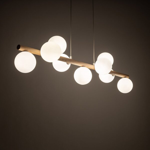 TK Lighting Estera κρεμαστό φωτιστικό, οπαλίσιο γυαλί, ξύλο, εννέα φώτα, ρυθμιζόμενος, Ξύλου, Σαλόνι / τραπεζαρία, Γυαλί, Σφαίρα