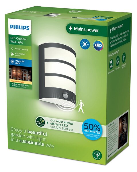 Philips Εξωτερικό φωτιστικό τοίχου LED Python UE, ανθρακί, αισθητήρας, Μαύρο, Ανοξείδωτος χάλυβας, σύγχρονο