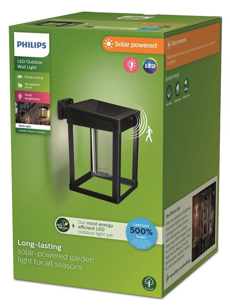 Philips Ηλιακό φως τοίχου Camill μαύρο/διαφανές 14 x cm, Μαύρο, Πλαστικό, σύγχρονο, Φανάρι