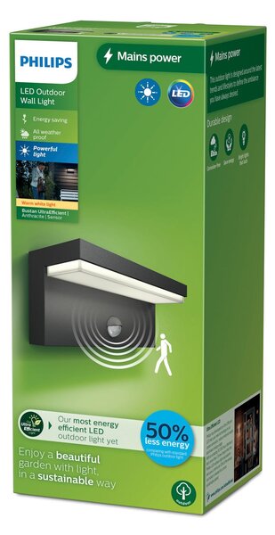 Philips Εξωτερικό φωτιστικό τοίχου LED της Bustan UE, αισθητήρας, 2.700 K, Μαύρο, Αλουμίνιο, σύγχρονο, Γωνιακός τοίχος