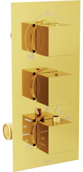 Mexen Cube Θερμοστατική μπαταρία μπανιέρας-ντους 3 εξόδων, χρυσή - 77503-50
