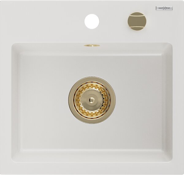 Mexen Milo νεροχύτης από γρανίτη 1-δοχείο 435 x 410 mm, λευκός, σιφόνι χρυσό