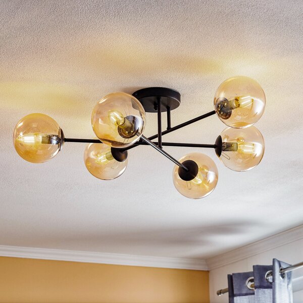 EMIBIG LIGHTING Φωτιστικό οροφής Glassy, μαύρο, κεχριμπαρέ, γυαλί, 6 φώτα, E14, ρυθμιζόμενος, Μαύρο, Σαλόνι / τραπεζαρία, Μέταλλο, σύγχρονο