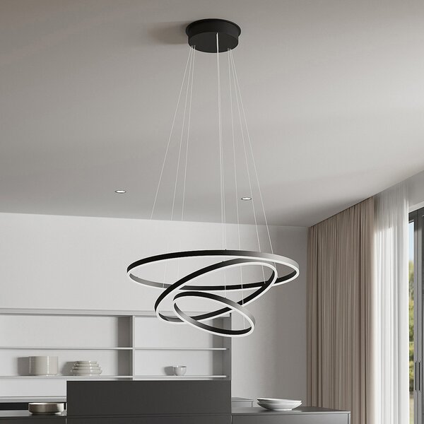 Arcchio LED κρεμαστό φωτιστικό Albiona, μαύρο, 3 δακτύλιοι, Ø 80 cm, ρυθμιζόμενος, Μαύρο, Σαλόνι / τραπεζαρία, Μέταλλο, σύγχρονο