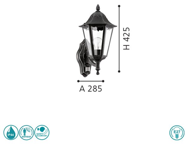 Απλίκα Εξωτερικού Χώρου SAFETY & COMFORT EGLO NAVEDO 93458 Μαύρη με Ασημί Πατίνα
