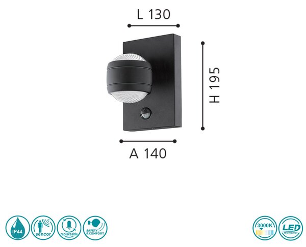 Απλίκα Εξωτερικού Χώρου SAFETY & COMFORT EGLO SESIMBA 1 96021 Μαύρη