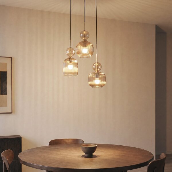 TK Lighting Κρεμαστό φωτιστικό Sophia, 3 λάμπες, Ø 41 cm, κονιάκ/μαύρο, E14, ρυθμιζόμενος, Γκρι, Σαλόνι / τραπεζαρία, Γυαλί