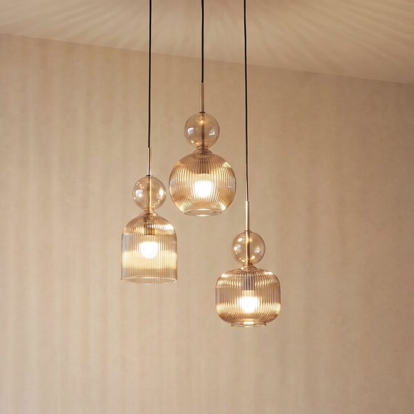 TK Lighting Κρεμαστό φωτιστικό Sophia, 3 λάμπες, Ø 41 cm, κονιάκ/μαύρο, E14, ρυθμιζόμενος, Γκρι, Σαλόνι / τραπεζαρία, Γυαλί